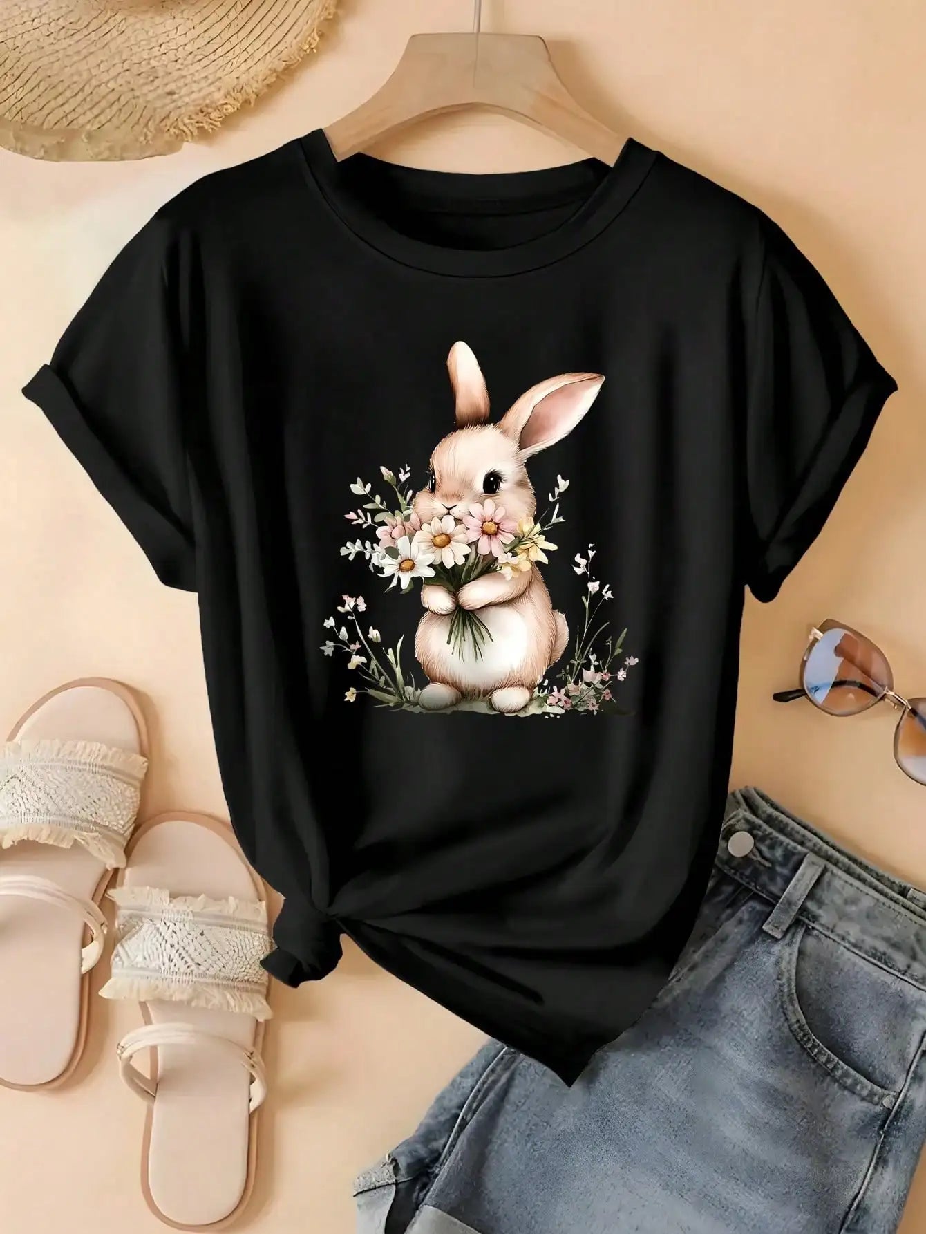 2026 New Fashion Plus Size Women Summer Cute Bunny Holding Flowers Print Casual Crew Neck Short Sleeve Tee Tops Clothing