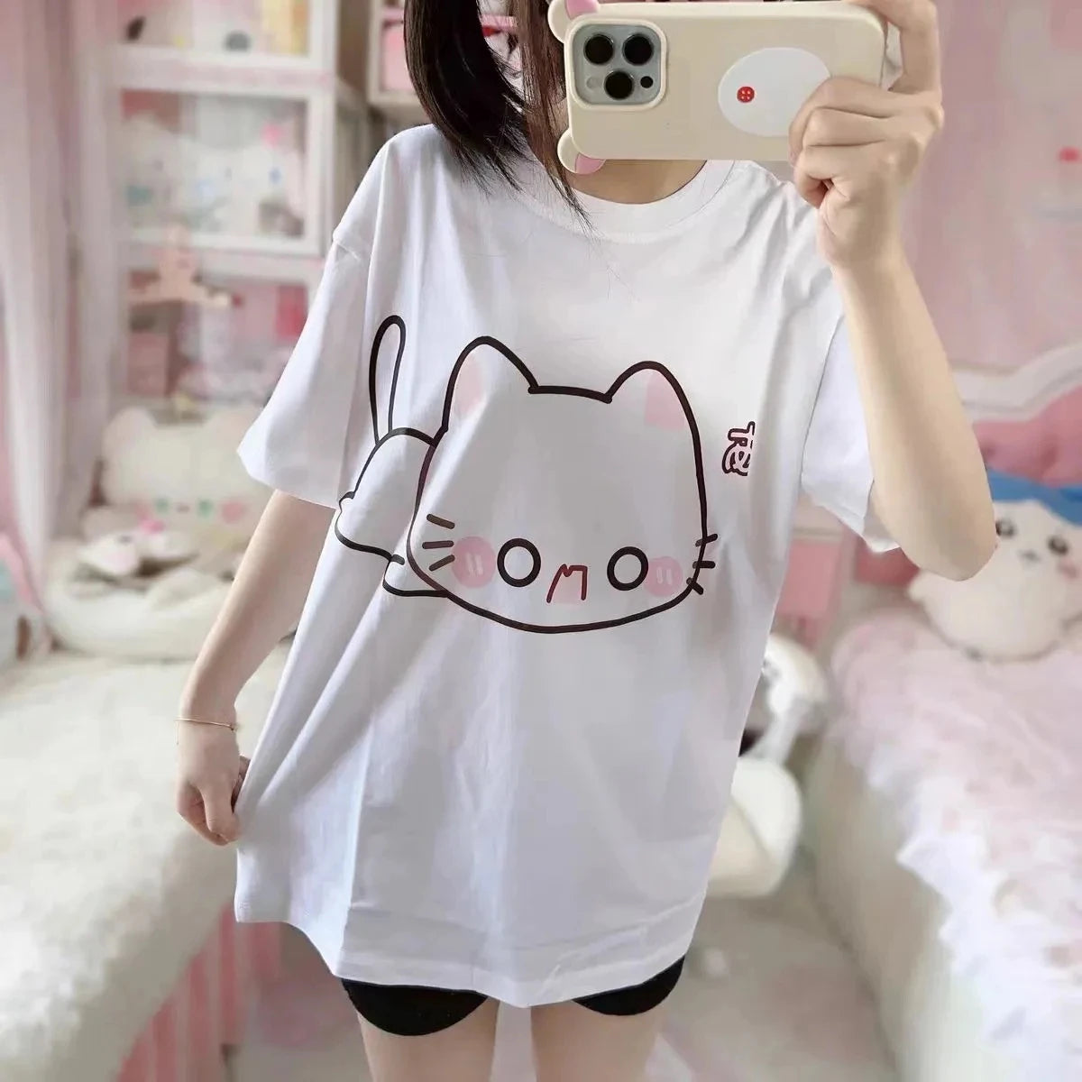 Cute Cartoon Cat Printed White T-shirt Women 2025 Summer O-neck Short Sleeve Casual Loose Y2k Tops Japanese Kawaii Tees