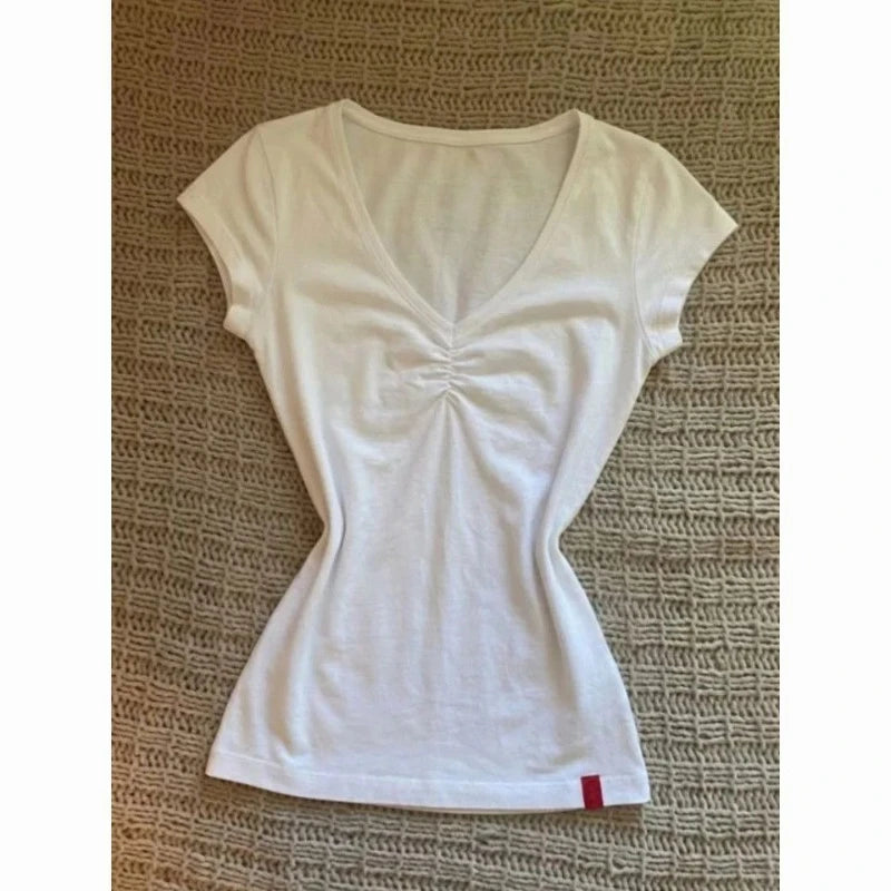 Summer New White V-neck Fitted Women's T-shirt Harajuku Casual Slimming Short Sleeve Tees Vintage Top Female Clothing	2026 New