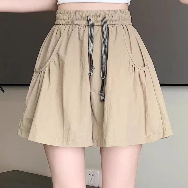 Women's Summer 2026 Thin Skirt Yoga Hot Pants Ice Silk Yamamoto Wide Leg Shorts Solid Color Pocket Lace Up Short Pants